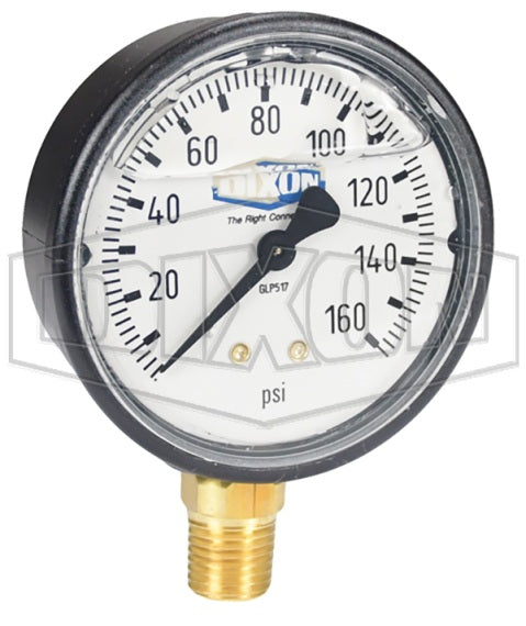 GLP517 by Dixon Valve | Liquid Filled Gauge | Lower Mount | 2-1/2" Face | 1/4" Lower Mount | 0-160 PSI Range | ABS Plastic Case