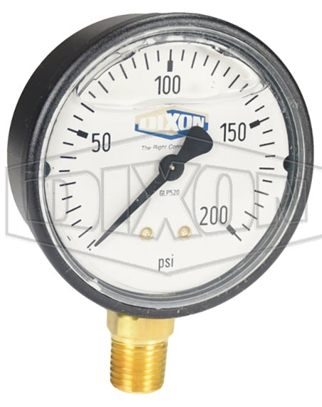 GLP520 by Dixon Valve | Liquid Filled Gauge | Lower Mount | 2-1/2" Face | 1/4" Lower Mount | 0-200 PSI Range | ABS Plastic Case