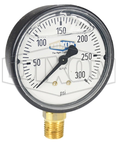 GLP525 by Dixon Valve | Liquid Filled Gauge | Lower Mount | 2-1/2" Face | 1/4" Lower Mount | 0-300 PSI Range | ABS Plastic Case