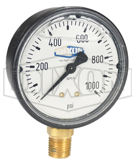 GLP535 by Dixon Valve | Liquid Filled Gauge | Lower Mount | 2-1/2" Face | 1/4" Lower Mount | 0-1000 PSI Range | ABS Plastic Case