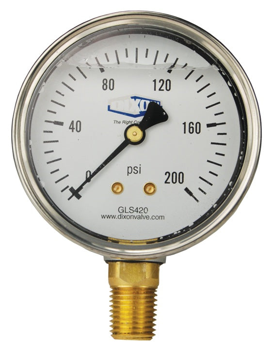 GLS417 by Dixon Valve | Liquid Filled Gauge | Lower Mount | 2-1/2" Face | 1/4" Lower Mount | 0-160 PSI Range | Stainless Steel Case