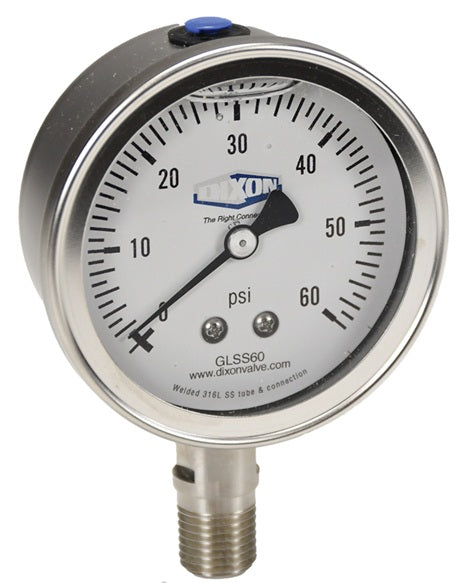 GLSS15 by Dixon Valve | Liquid Filled Gauge | Lower Mount | 2-1/2" Face | 1/4" Lower Mount | 0-15 PSI Range | Stainless Steel