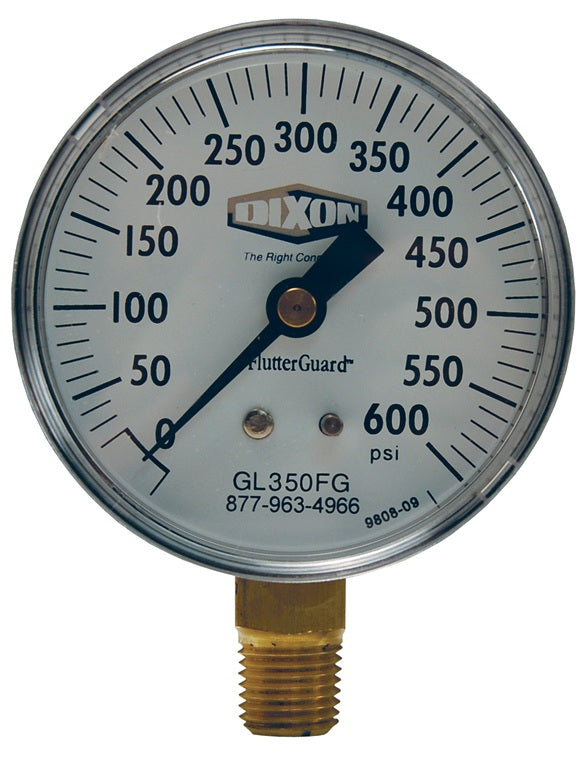 GL340FG FlutterGuard™ by Dixon Valve | Dry Gauge | Lower Mount | 2-1/2" Face | 1/4" Lower Mount | 0-200 PSI Range | ABS Plastic