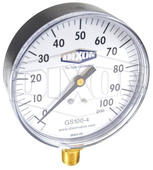 GS100-4 by Dixon Valve | Standard Dry Gauge | Lower Mount | 3-1/2" Face | 1/4" Lower Mount | 0-100 PSI Range | ABS Plastic