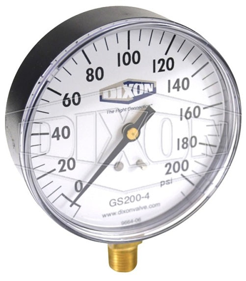 GS200-4 by Dixon Valve | Standard Dry Gauge | Lower Mount | 3-1/2" Face | 1/4" Lower Mount | 0-200 PSI Range | ABS Plastic