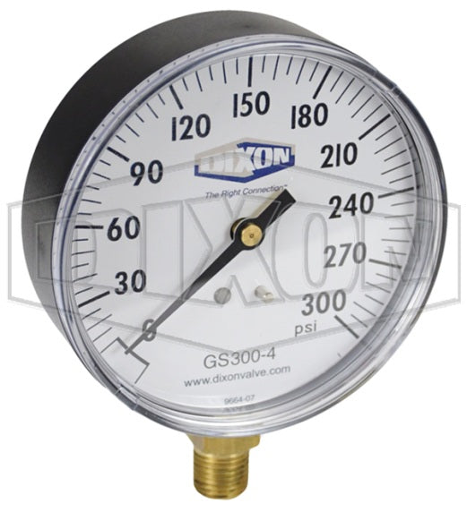 GS300-4 by Dixon Valve | Standard Dry Gauge | Lower Mount | 3-1/2" Face | 1/4" Lower Mount | 0-300 PSI Range | ABS Plastic