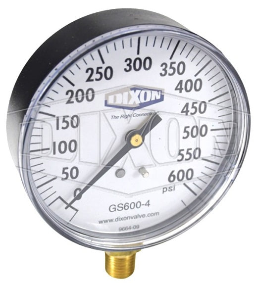 GS600-4 by Dixon Valve | Standard Dry Gauge | Lower Mount | 3-1/2" Face | 1/4" Lower Mount | 0-600 PSI Range | ABS Plastic