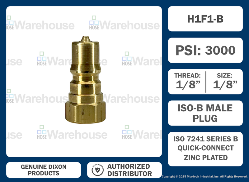 H1F1-B by Dixon Valve | Hydraulic Quick Disconnect Coupling | H-Series | 1/8" Female NPTF x 1/8" ISO-B Interchange | Plug | Brass