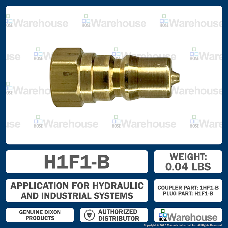 H1F1-B by Dixon Valve | Hydraulic Quick Disconnect Coupling | H-Series | 1/8" Female NPTF x 1/8" ISO-B Interchange | Plug | Brass
