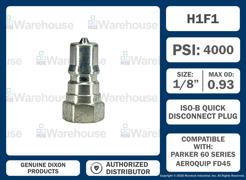 H1F1 by Dixon Valve | Hydraulic Quick Disconnect Coupling | H-Series | 1/8" Female NPTF x 1/8" ISO-B Interchange | Plug | Steel