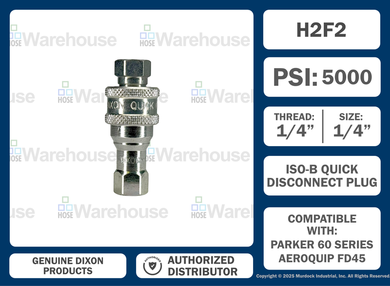 H2F2 by Dixon Valve | Hydraulic Quick Disconnect Coupling | H-Series | 1/4" Female NPTF x 1/4" ISO-B Interchange | Plug | Steel