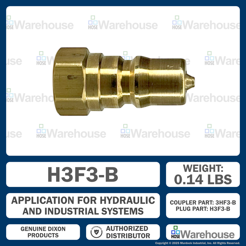 H3F3-B by Dixon Valve | Hydraulic Quick Disconnect Coupling | H-Series | 3/8" Female NPTF x 3/8" ISO-B Interchange | Plug | Brass