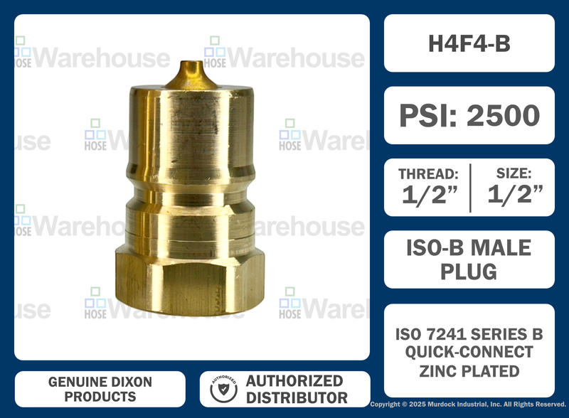 H4F4-B by Dixon Valve | Hydraulic Quick Disconnect Coupling | H-Series | 1/2" Female NPTF x 1/2" ISO-B Interchange | Plug | Brass