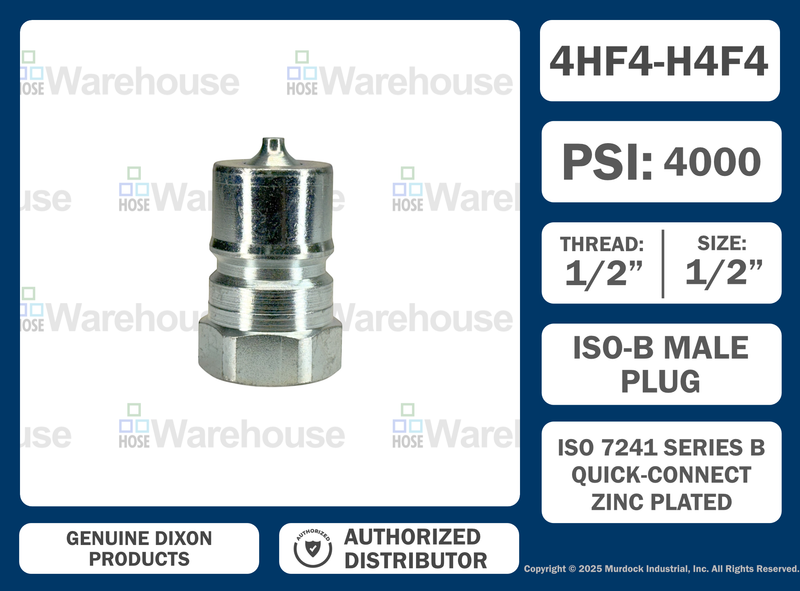 H4F4 by Dixon Valve | Hydraulic Quick Disconnect Coupling | H-Series | 1/2" Female NPTF x 1/2" ISO-B Interchange | Plug | Steel