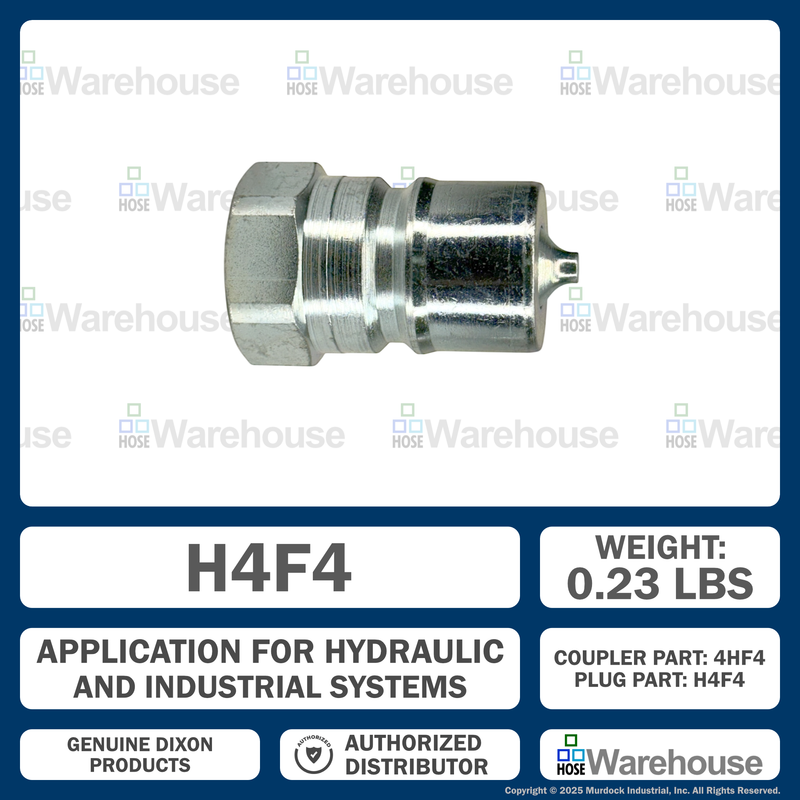 H4F4 by Dixon Valve | Hydraulic Quick Disconnect Coupling | H-Series | 1/2" Female NPTF x 1/2" ISO-B Interchange | Plug | Steel
