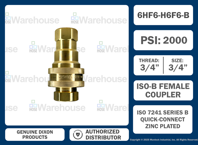 H6F6-B by Dixon Valve | Hydraulic Quick Disconnect Coupling | H-Series | 3/4" Female NPTF x 3/4" ISO-B Interchange | Plug | Brass