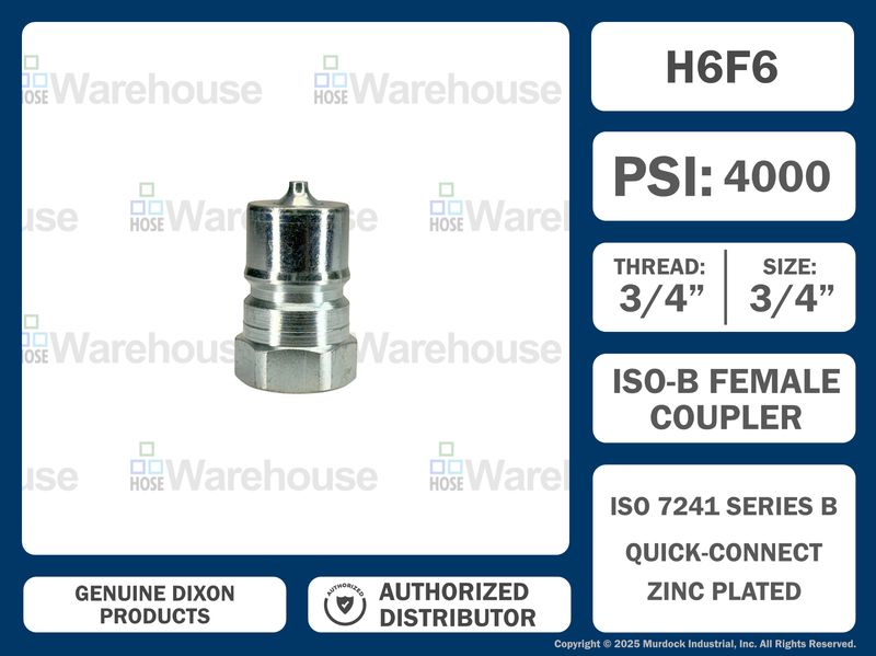 H6F6 by Dixon Valve | Hydraulic Quick Disconnect Coupling | H-Series | 3/4" Female NPTF x 3/4" ISO-B Interchange | Plug | Steel
