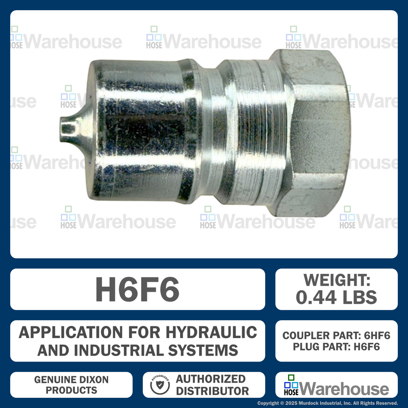 H6F6 by Dixon Valve | Hydraulic Quick Disconnect Coupling | H-Series | 3/4" Female NPTF x 3/4" ISO-B Interchange | Plug | Steel