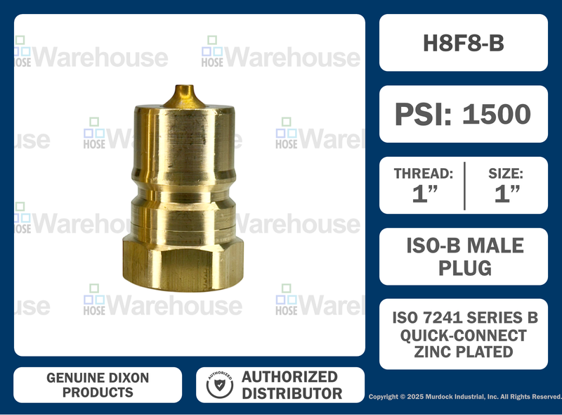 H8F8-B by Dixon Valve | Hydraulic Quick Disconnect Coupling | H-Series | 1" Female NPTF x 1" ISO-B Interchange | Plug | Brass
