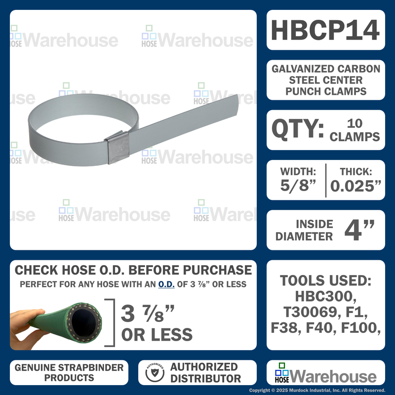 HBCP16 by Strapbinder | Center Punch Clamp | 4" ID | 5/8" Width | .027" Thickness | Galvanized Carbon Steel | Box of 25