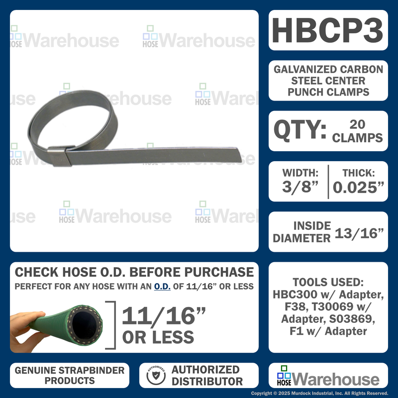 HBCP3 by Strapbinder | Center Punch Clamp | 13/16" ID | 3/8" Width | .027" Thickness | Galvanized Carbon Steel | Box of 100