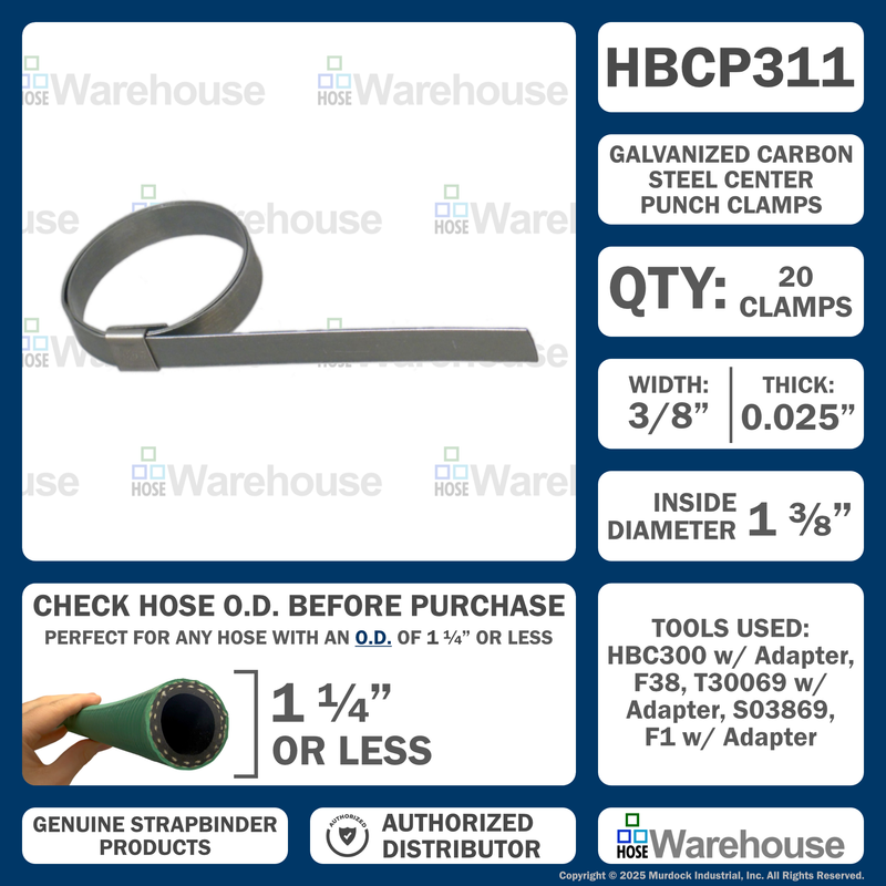HBCP311 by Strapbinder | Center Punch Clamp | 1-3/8" ID | 3/8" Width | .027" Thickness | Galvanized Carbon Steel | Box of 100