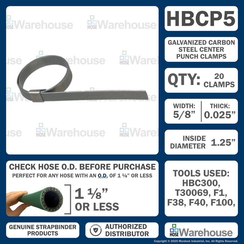 HBCP5 by Strapbinder | Center Punch Clamp | 1-1/4" ID | 5/8" Width | .027" Thickness | Galvanized Carbon Steel | Box of 100