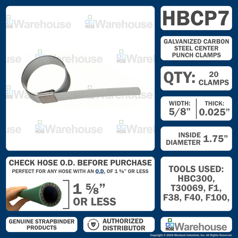 HBCP7 by Strapbinder | Center Punch Clamp | 1-3/4" ID | 5/8" Width | .027" Thickness | Galvanized Carbon Steel | Box of 100