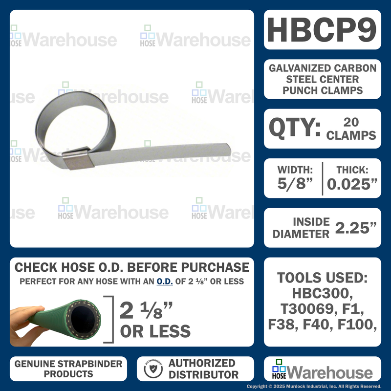 HBCP9 by Strapbinder | Center Punch Clamp | 2-1/4" ID | 5/8" Width | .027" Thickness | Galvanized Carbon Steel | Box of 100