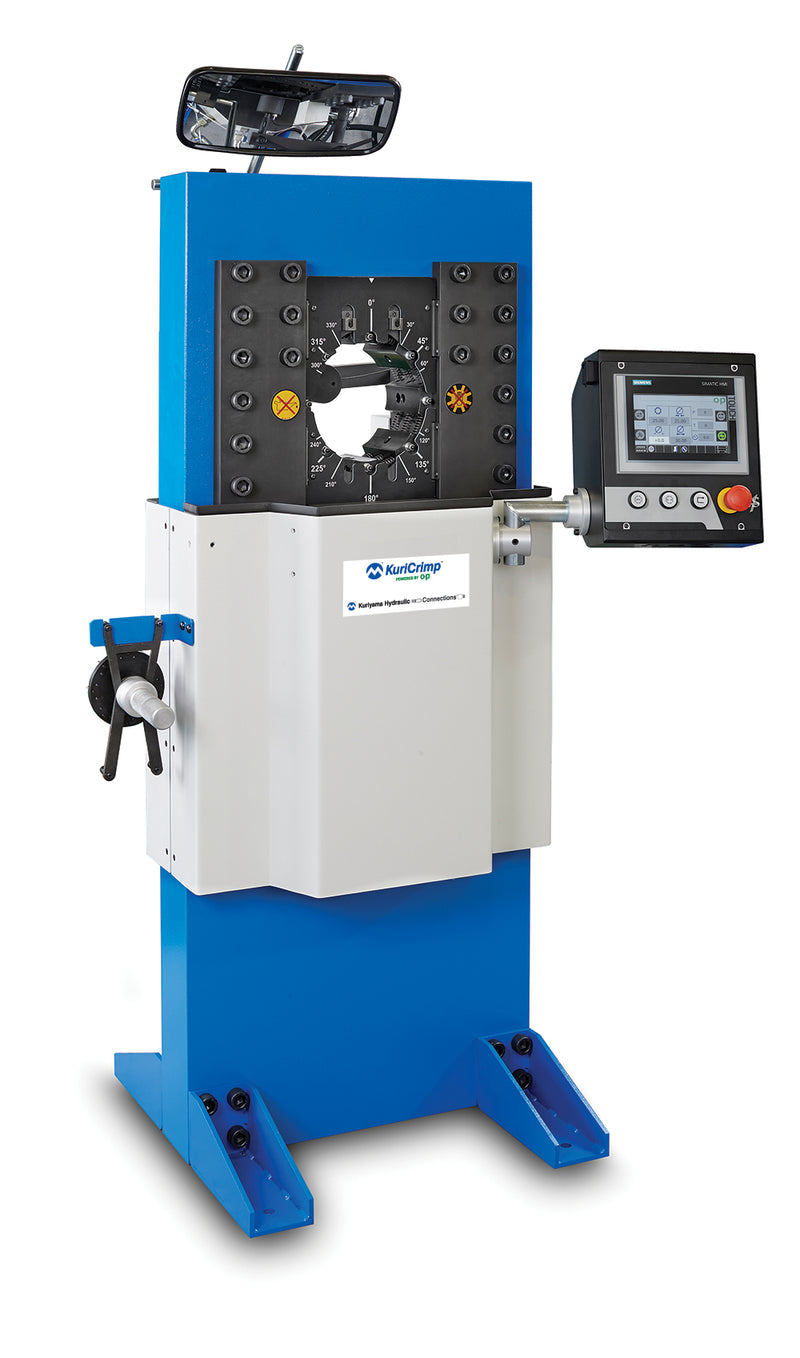 KC4-V150-230/3 KuriCrimp™ by Kuriyama | KC4-V150 Series | High Volume Crimper | 7 HP (230 V) 3 PH Motor | 340 Ton Crimping Force | Includes: Die Cart, Electric Foot Pedal, Fitting Orientation Protractor, Crimp Calculator