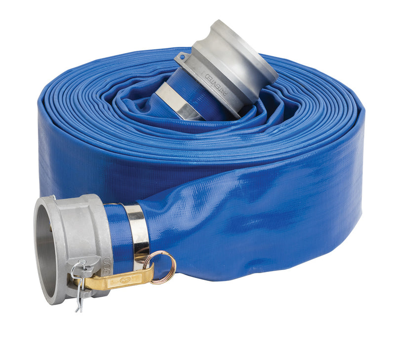 LF400ACEX50 by Kuriyama | LF-ACE Series | Layflat Hose Assembly | PVC | 4" Size | Blue | Male x Female Camlock Couplings | Aluminum | 50ft Length