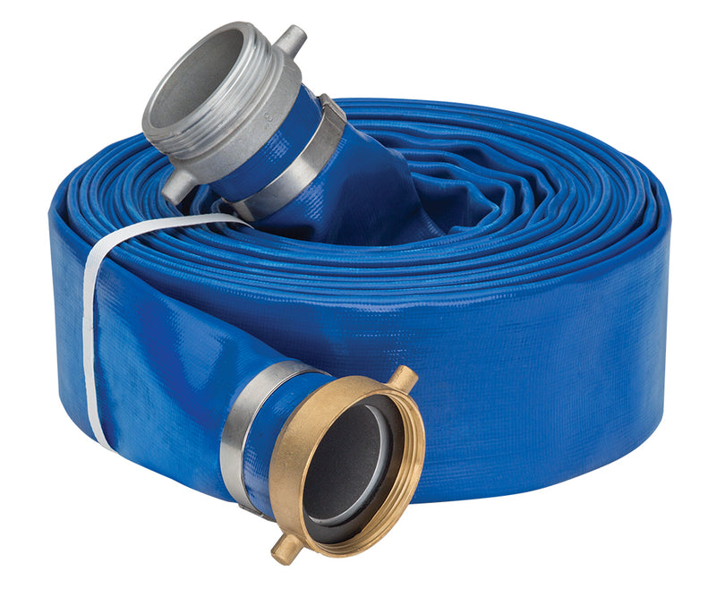 LF400APLX50 by Kuriyama | LF-APL Series | Layflat Hose Assembly | PVC | 4" Size | Blue | Male x Female Pin Lug Couplings | Aluminum | 50ft Length
