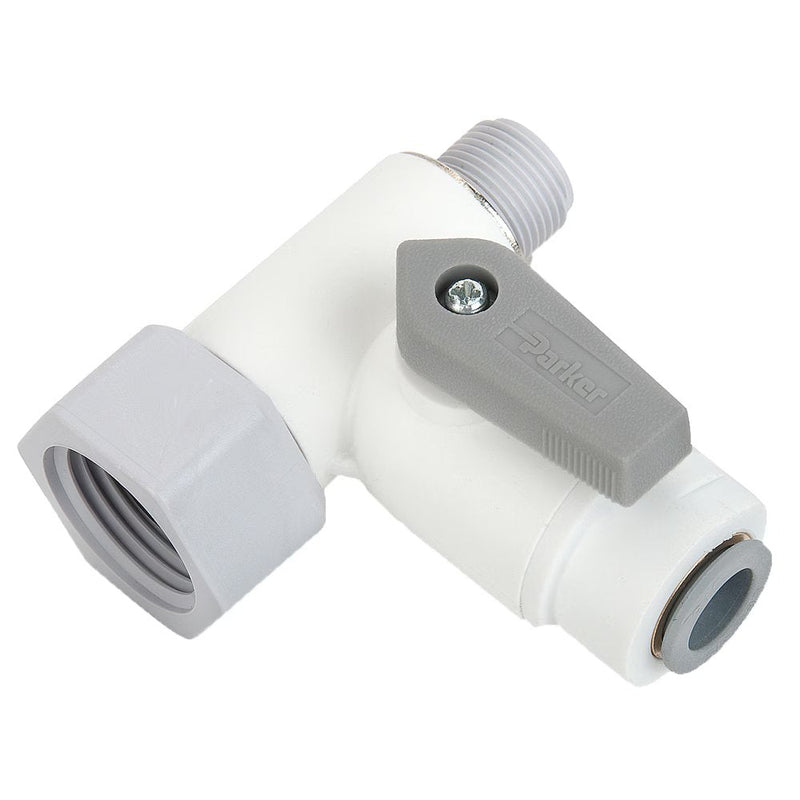 LFPP4VAS8 by Parker | LIQUIfit® Ball Valve | 1/4" Angle Stop Valve with 3/8" Male NPT Thread x 1/2" Female NPT Thread | 2.40" Length | 1.4" Height | Tee | Polypropylene