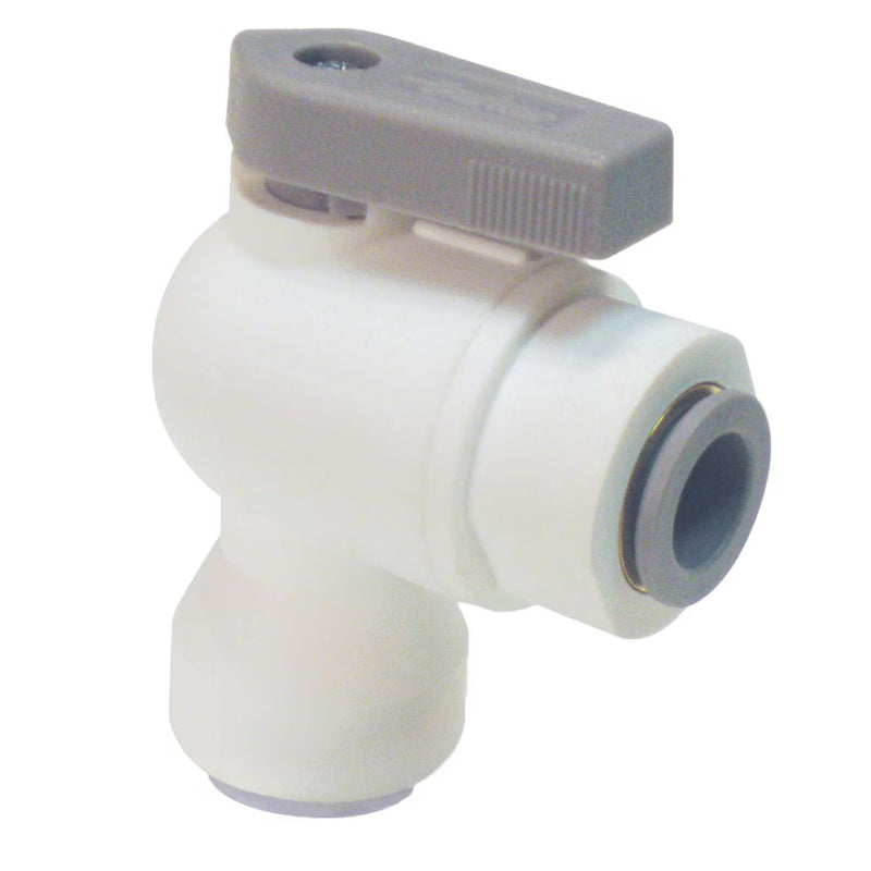 LFPP6VEU6 by Parker | LIQUIfit® Ball Valve | 3/8" Push-to-Connect x 3/8" Push-to-Connect | 2.34" Length | 1.85" Width | 90° Elbow | Polypropylene