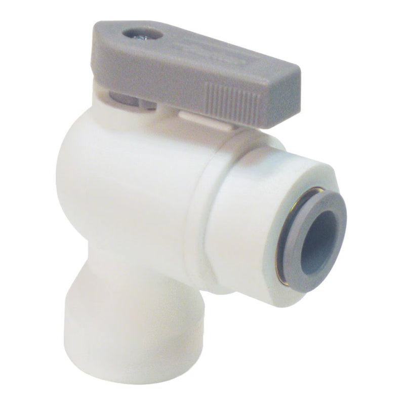 LFPP4VFE4 by Parker | LIQUIfit® Ball Valve | 1/4" Ball Valve x 1/4" Female NPTF Thread | 2.05" Length | 1.74" Width | 90° Elbow | Polypropylene