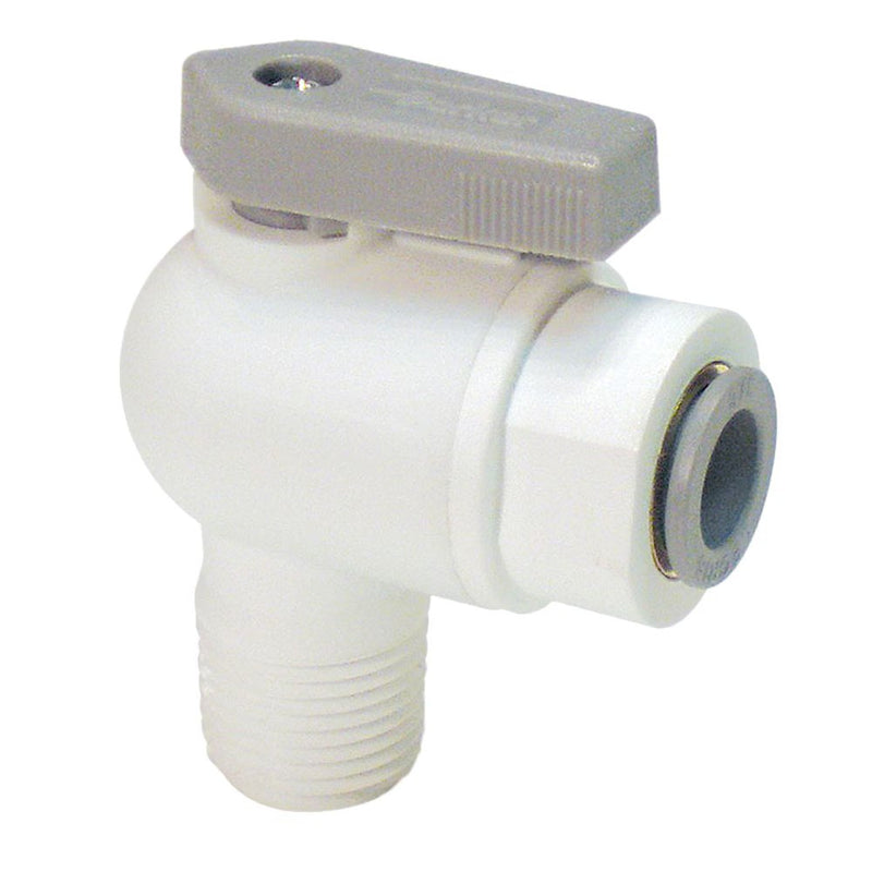 LFPP4VME2 by Parker | LIQUIfit® Ball Valve | 1/4" Ball Valve x 1/8" Male NPT Thread | 2.00" Length | 1.74" Width | 90° Elbow | Polypropylene