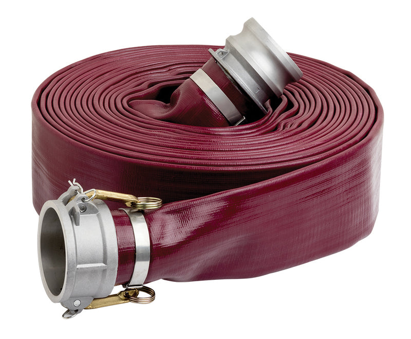 LFR150ACEX50 by Kuriyama | LFR-ACE Series | Layflat Hose Assembly | PVC | 1-1/2" Size | Red | Male x Female Camlock Couplings | Aluminum | 50ft Length