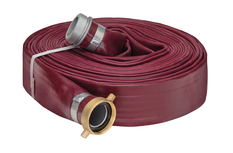 LFR150APLX50 by Kuriyama | LFR-APL Series | Layflat Hose Assembly | PVC | 1-1/2" Size | Red | Male x Female Pin Lug Couplings | Aluminum | 50ft Length