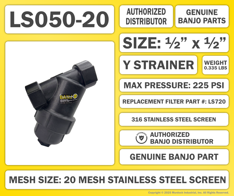 LS050-20 by Banjo | Line Y Strainer | 1/2" x 1/2" Female NPT with 20 Mesh Stainless Steel Screen | 225 PSI | Polypropylene