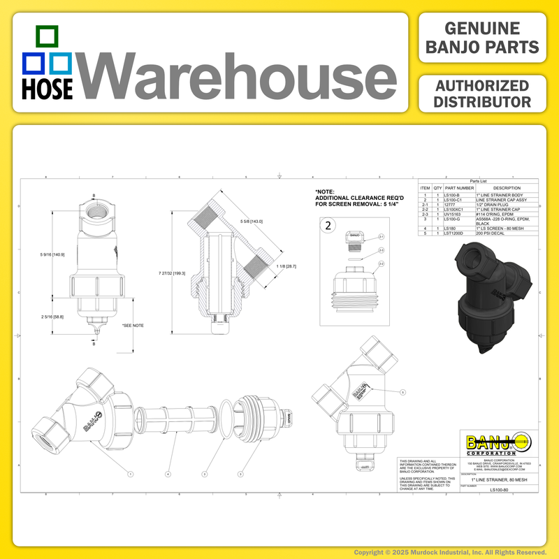LS100-80 by Banjo | Line Y Strainer | 1" x 1" Female NPT with 80 Mesh Stainless Steel Screen | 200 PSI | Polypropylene