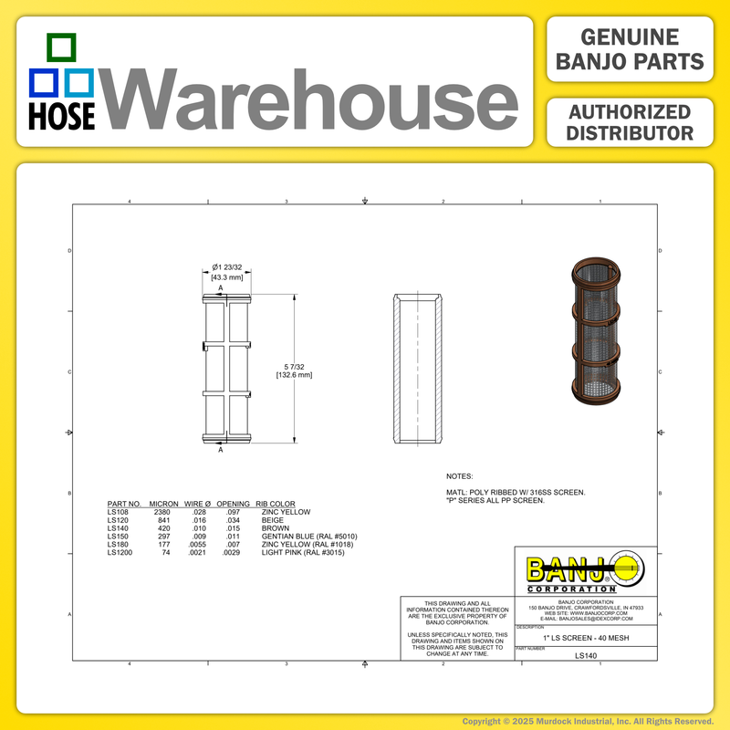 LS140 by Banjo | Replacement Part for Manifold Flange Connections | 1"-1-1/4" Y Strainer | 40 Mesh Screen