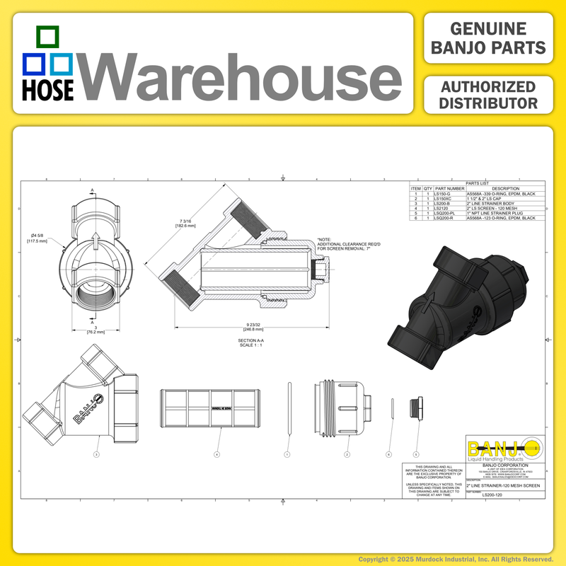 LS200-120 by Banjo | Line Y Strainer | 2" x 2" Female NPT with 120 Mesh Stainless Steel Screen | 150 PSI | Polypropylene