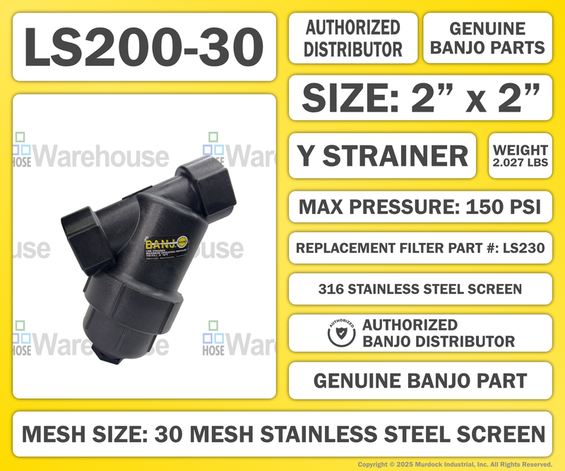 LS200-30 by Banjo | Line Y Strainer | 2" x 2" Female NPT with 30 Mesh Stainless Steel Screen | 150 PSI | Polypropylene