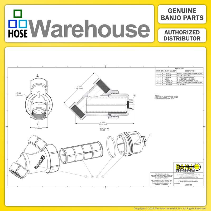 LS200-50 by Banjo | Line Y Strainer | 2" x 2" Female NPT with 50 Mesh Stainless Steel Screen | 150 PSI | Polypropylene | Pack of 5