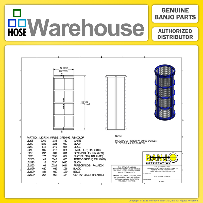 LS250 by Banjo | Replacement Part for Manifold Flange Connections | 1-1/2"-2" Y Strainer | 50 Mesh Screen