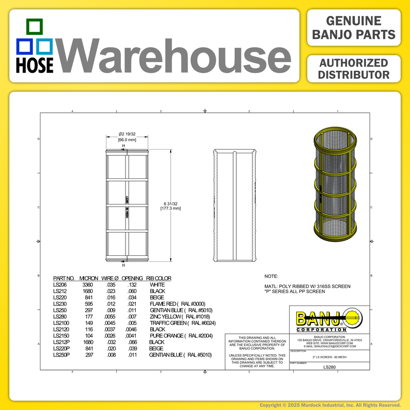 LS280 by Banjo | Replacement Part for Manifold Flange Connections | 1-1/2"-2" Y Strainer | 80 Mesh Screen