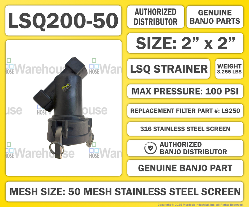 LSQ200-50 by Banjo | LSQ Line Strainer | 2" x 2" Female NPT with 50 Mesh Screen | EPDM lathe cut gasket | 100 PSI | Polypropylene