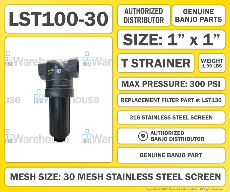 LST100-30 by Banjo | T Line Strainer | 1" x 1" Female NPT with 30 Mesh Stainless Steel Screen | 300 PSI | Polypropylene