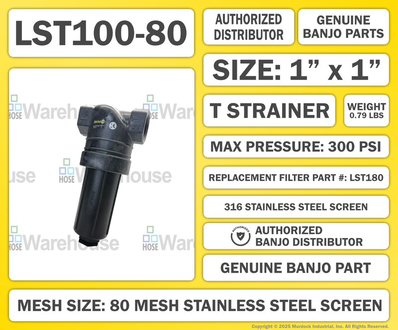 LST100-80 by Banjo | T Line Strainer | 1" x 1" Female NPT with 80 Mesh Stainless Steel Screen | 300 PSI | Polypropylene