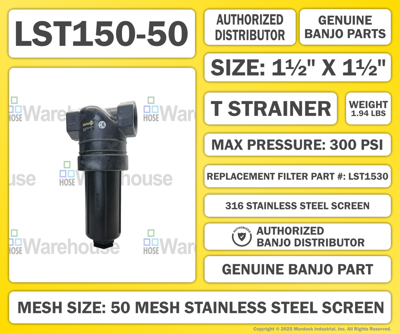 LST150-50 by Banjo | T Line Strainer | 1-1/2" x 1-1/2" Female NPT with 50 Mesh 316 Stainless Steel Screen | Gasket: EPDM | 300 PSI | Polypropylene